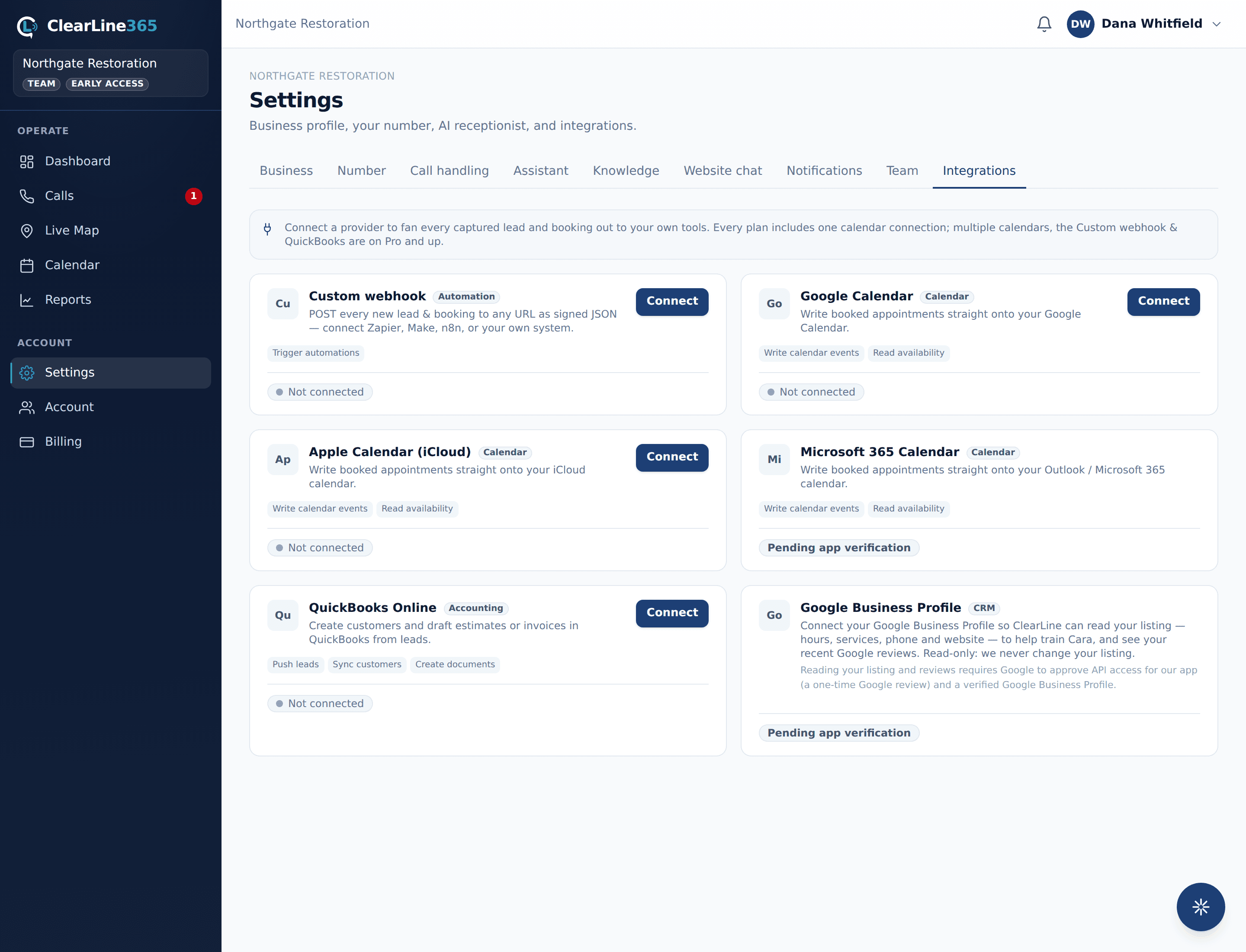 The Integrations tab in ClearLine365 Settings, with connect cards for Custom webhook, Google Calendar, Apple Calendar, Microsoft 365 Calendar, QuickBooks Online, and Google Business Profile