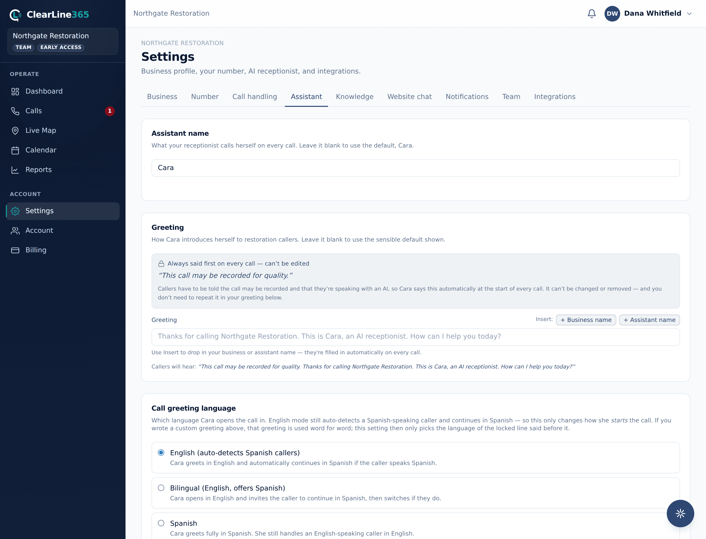 The Assistant tab in ClearLine365 Settings, showing assistant name, the locked recording-and-AI disclosure, the greeting field, and the call greeting language options