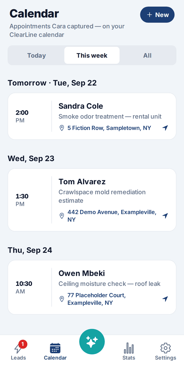 The app’s Calendar screen, This week: an appointment tomorrow at 2:00 PM, then Wednesday at 1:30 PM and Thursday at 10:30 AM, each with the job and a service address.