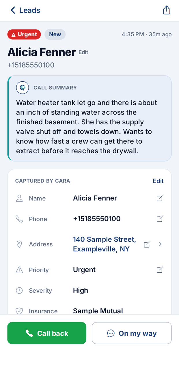 A lead detail screen with the call summary and a “Captured by Cara” panel listing the caller’s name, phone number, address, priority, severity, and insurance, plus Call back and On my way buttons.