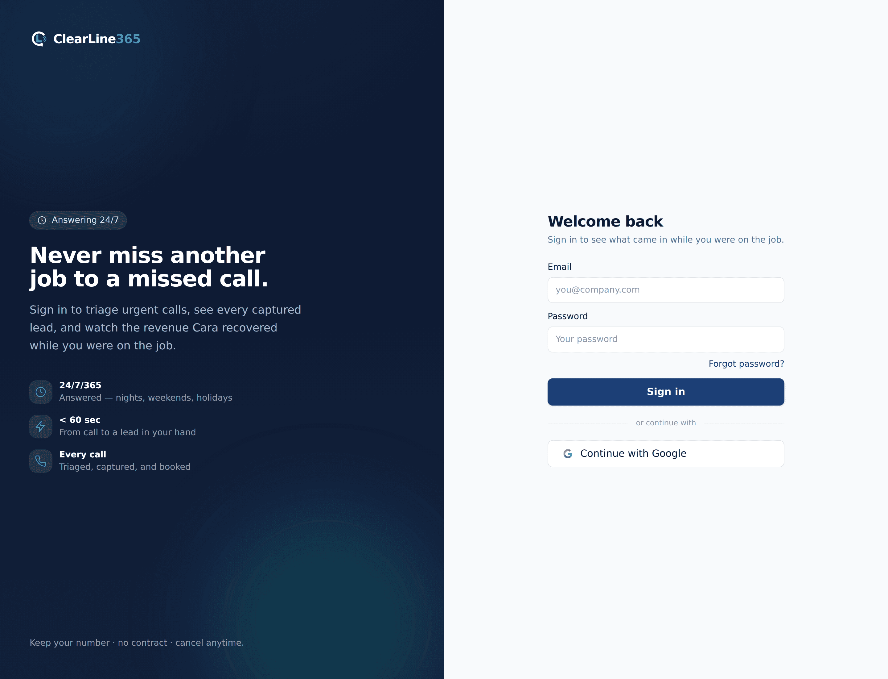 The ClearLine365 portal sign-in screen on the brand navy gradient
