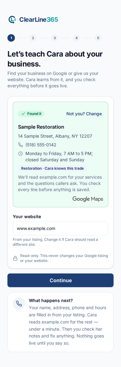 The same step on the phone: the Found it card with the listing’s name, address, phone and hours