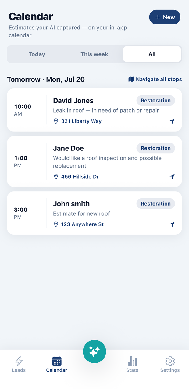 The app’s Calendar screen showing three appointments booked for tomorrow at 10:00 AM, 1:00 PM, and 3:00 PM, each with a service address, and a “Navigate all stops” link.