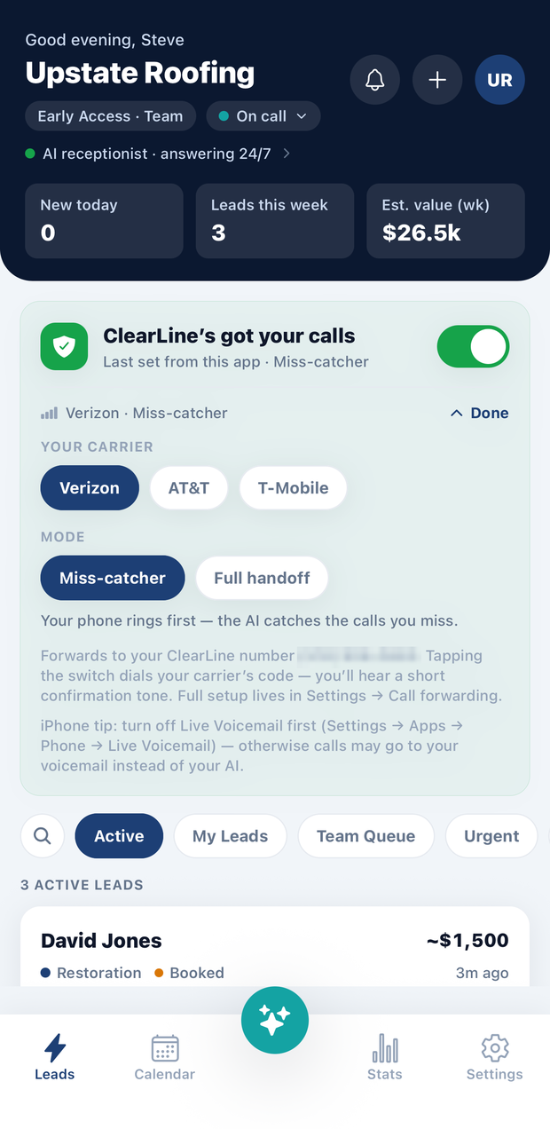 The app’s call-forwarding panel, with carrier set to Verizon and mode set to Miss-catcher, explaining that your phone rings first and the AI catches the calls you miss.