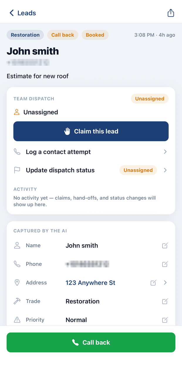 A lead detail screen with a “Captured by the AI” panel listing the caller’s name, phone number, address, trade, and priority, plus a Call back button.