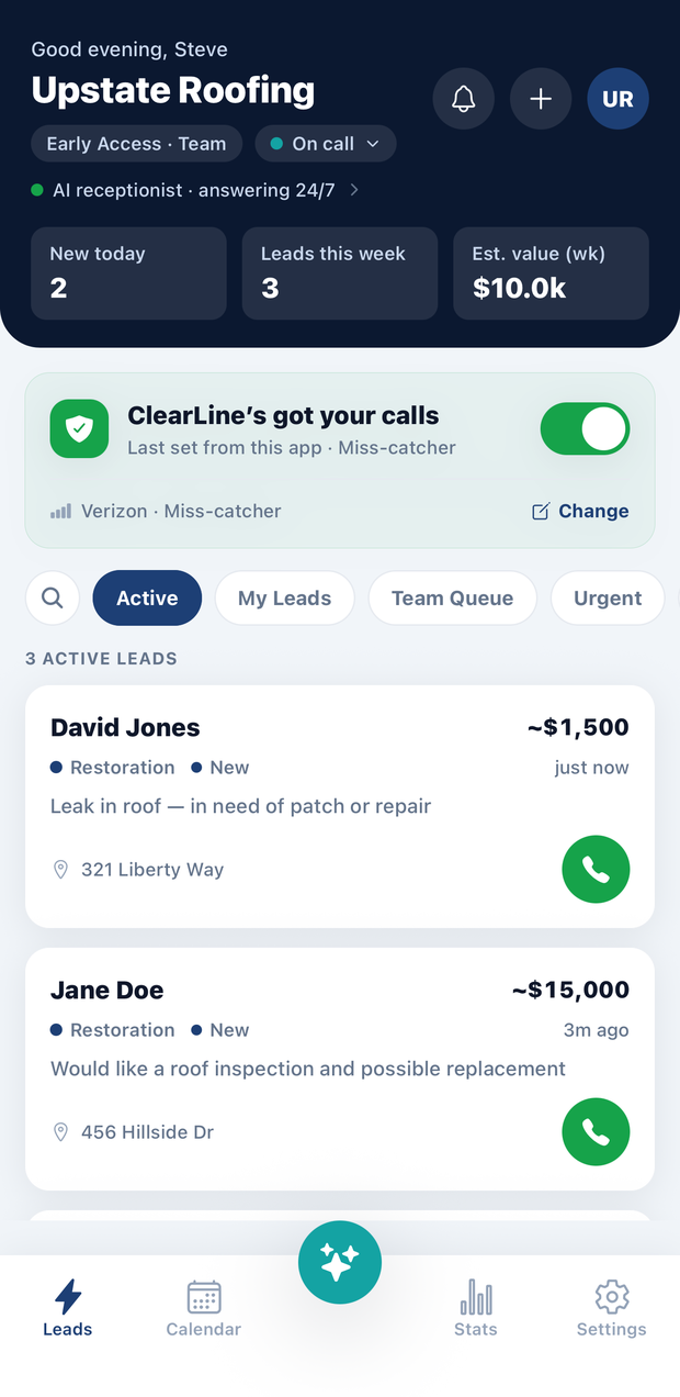 The ClearLine365 app’s Leads screen for Upstate Roofing, showing 3 active leads with estimated values of about $1,500 and $15,000, and $10.0k of estimated value this week.