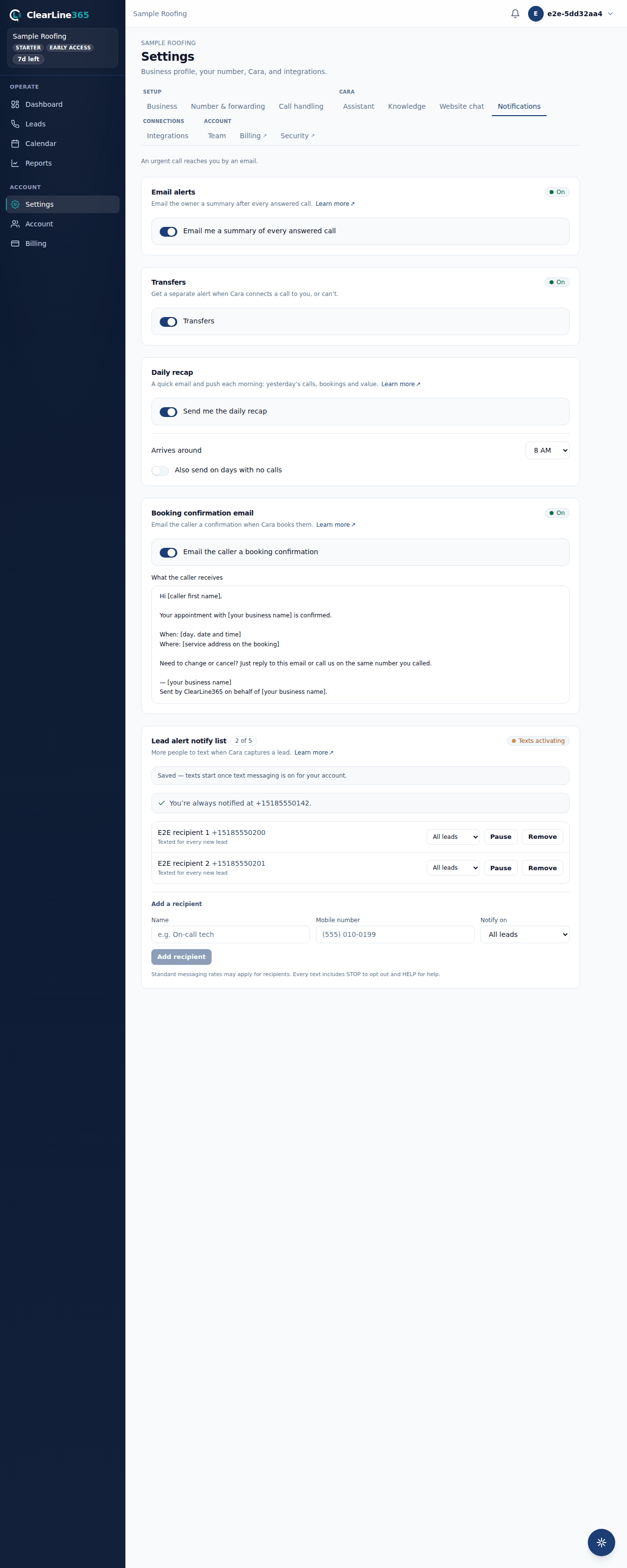 Settings → Notifications with the Lead alert notify list, captured 2026-09-30