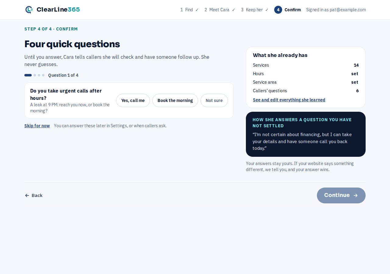 Confirm, card B: one of the four questions Cara could not answer from the website, captured 2026-09-29