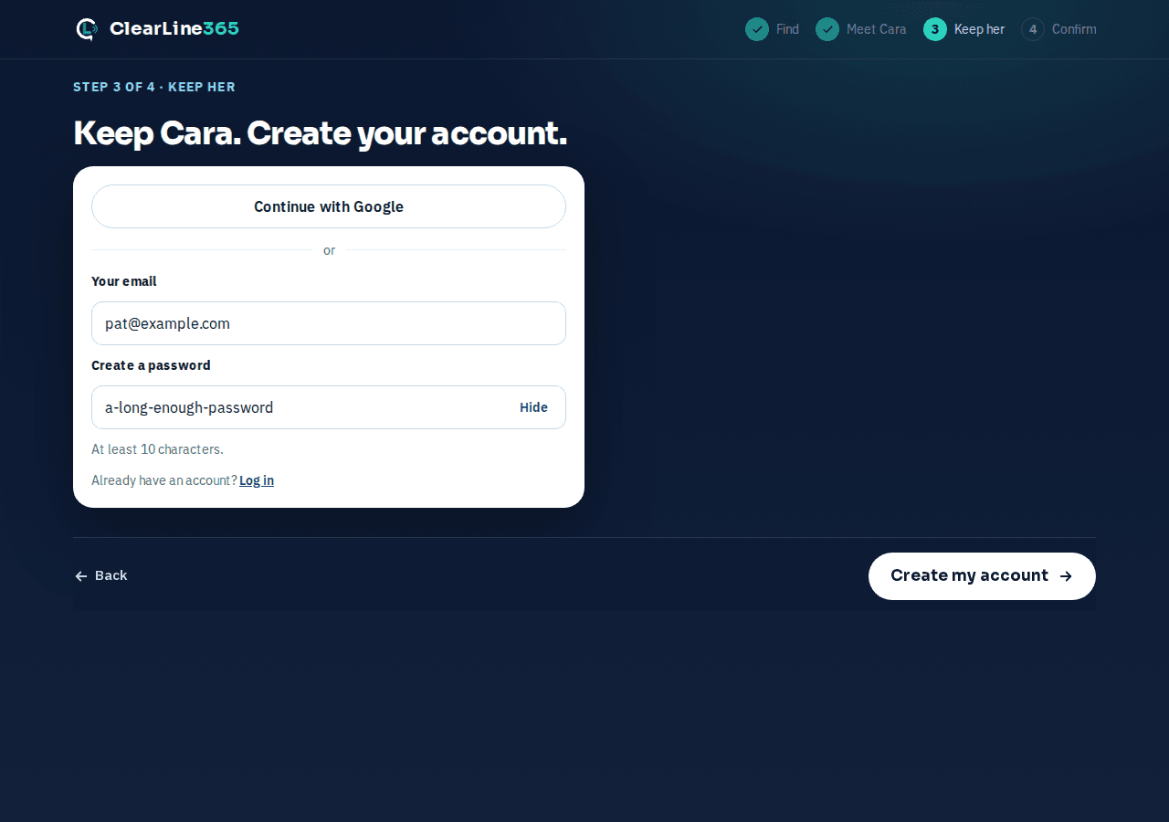 The Keep her step with the account form, captured 2026-09-29