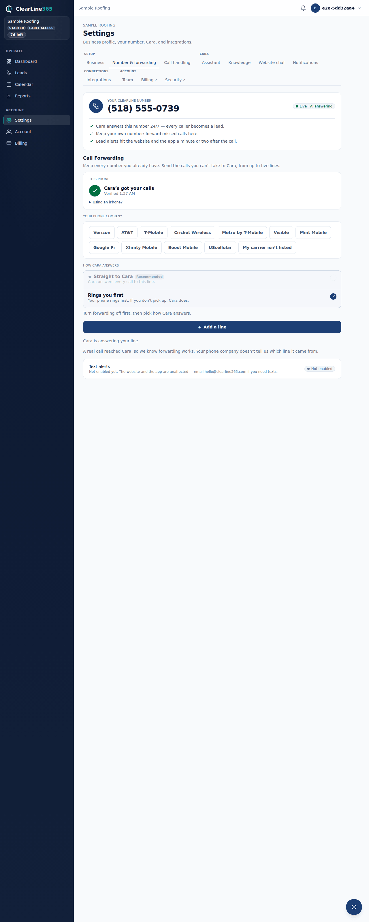 Settings → Number & forwarding, the Call Forwarding screen, captured 2026-09-30