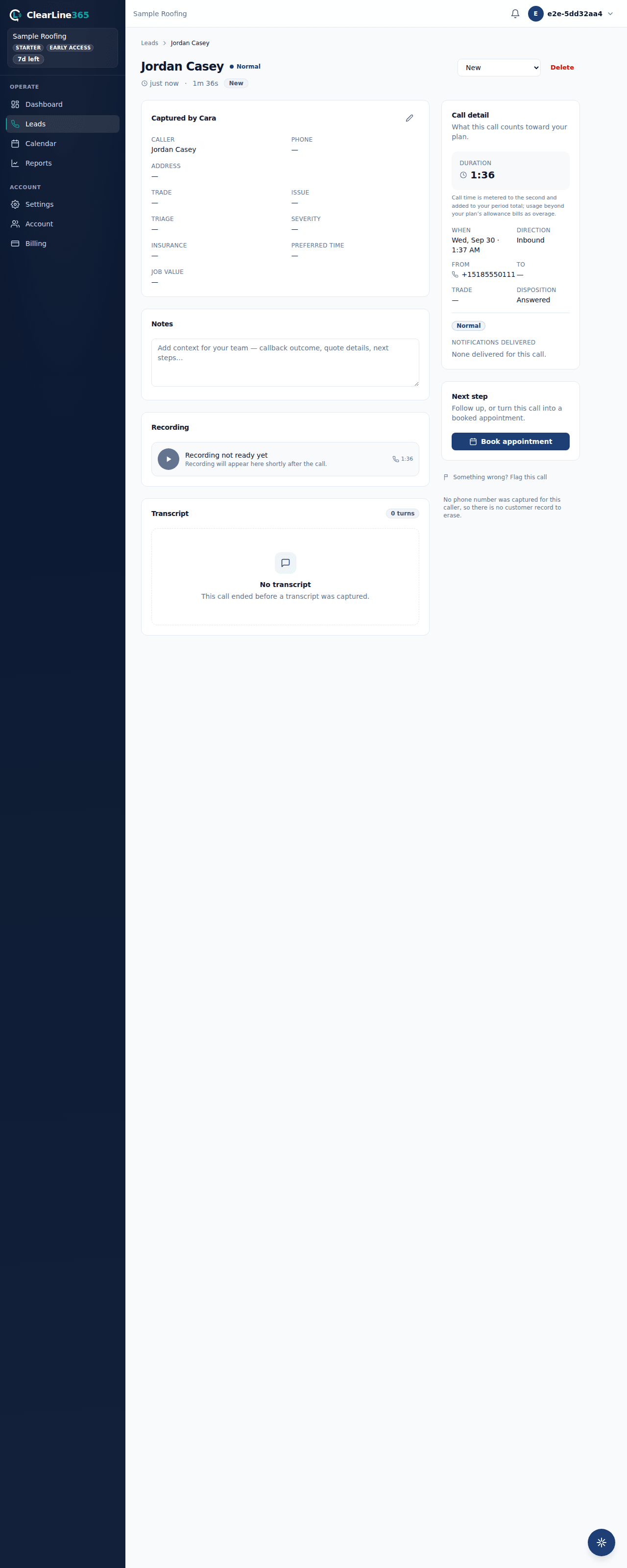 A call's detail page, captured 2026-09-30
