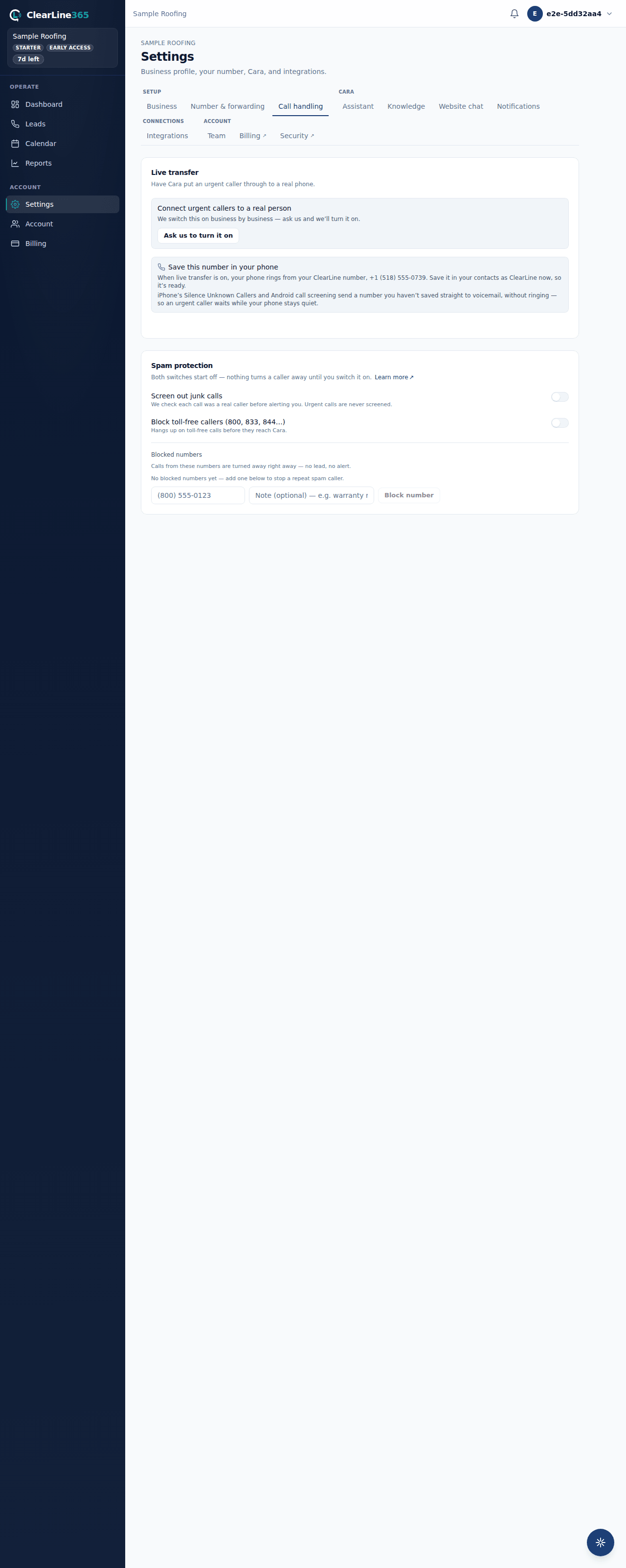 Settings → Call handling with Spam protection, captured 2026-09-30