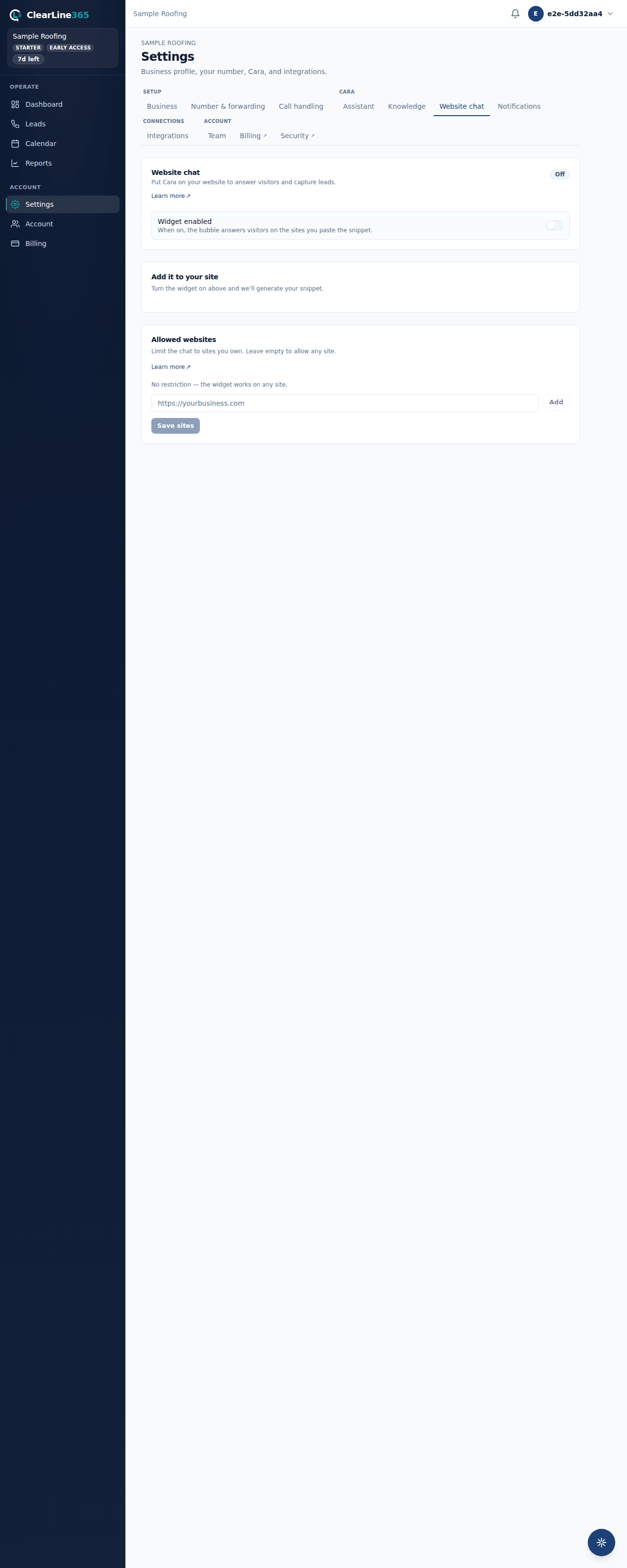Settings → Website chat, captured 2026-09-30